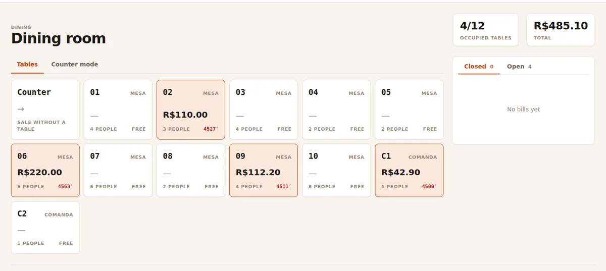 Dining-room screen in Restau360: 12 tables, four open bills with amount, number of guests and time at the table.
