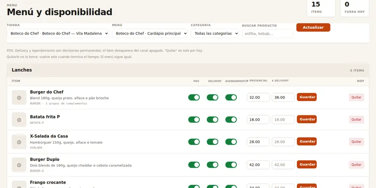 Pantalla de carta y disponibilidad