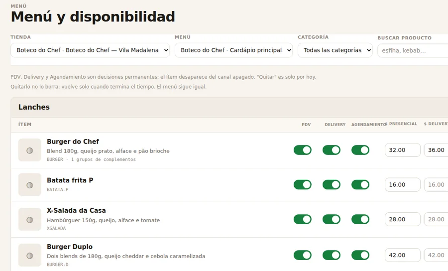 Pantalla de carta con precio por canal y botón para quitar del aire