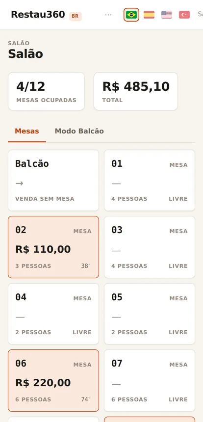 A mesma tela de mesas no celular do garçom.